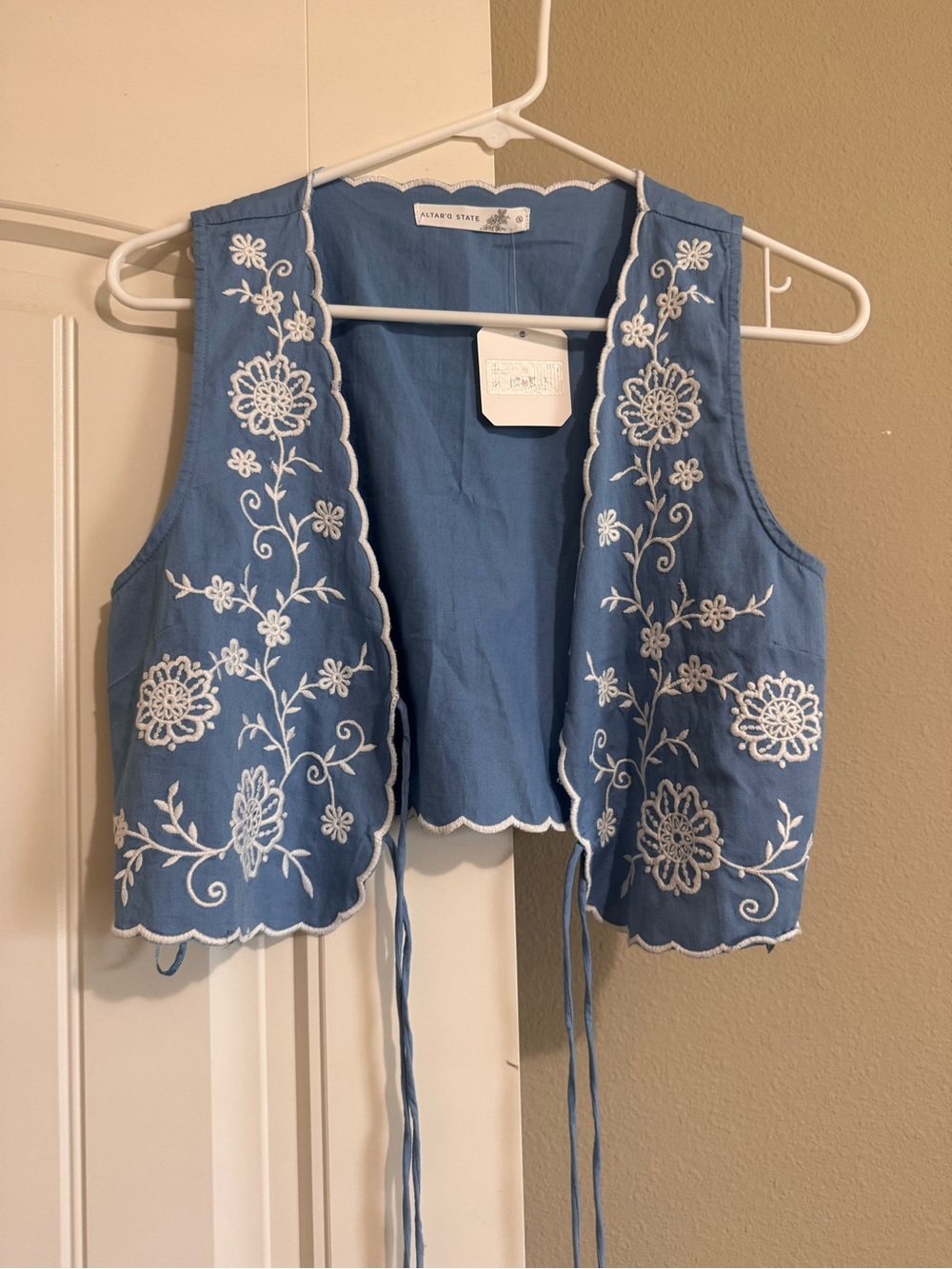 Altar'd State Blue Sleeveless Embroidered Tie-Front Vest